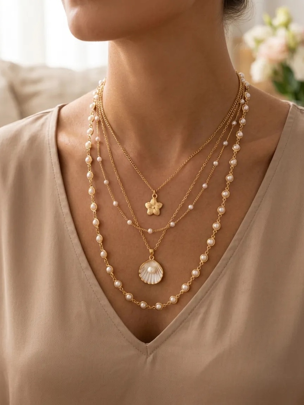 Gold Pearl Layered Necklace Set with Shell and Flower Pendants